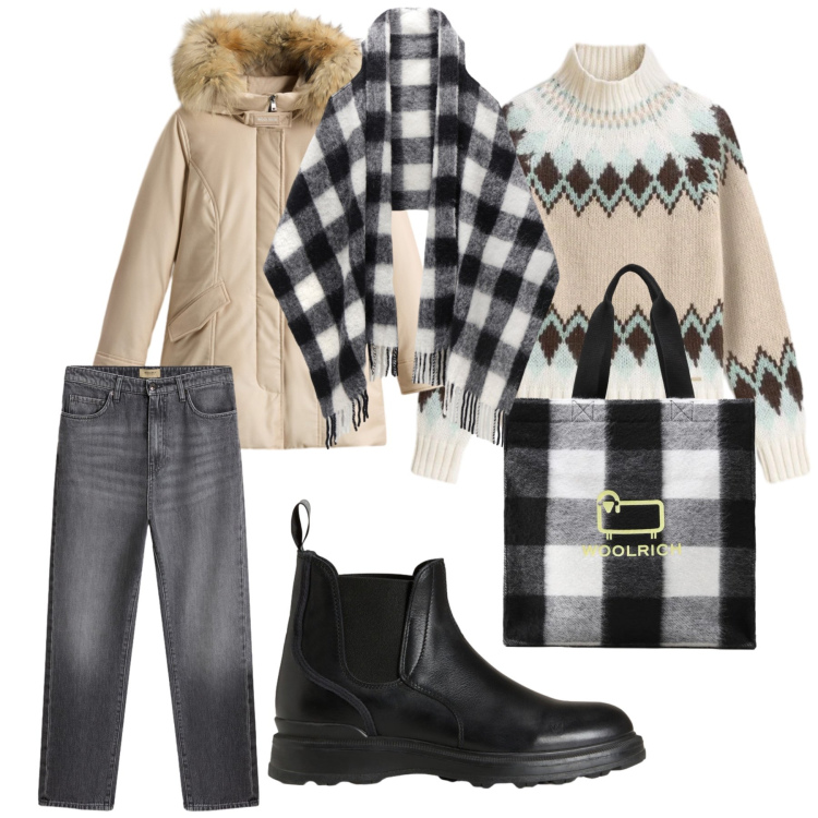Outfit donna - Woolrich all day long. Stile Sporty chic per Tutti i giorni. Abbinamento con sciarpe, stivaletti, jeans, maglieria, borse tote, parka.