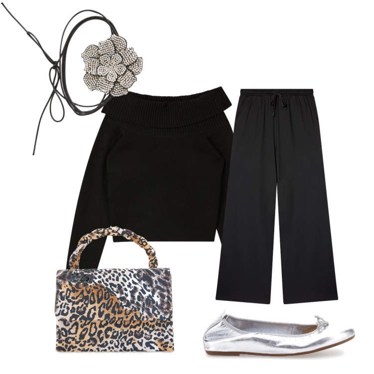Outfit donna - Nero e argento glamour. Stile Glamour per Serata fuori. Abbinamento con maglieria, collane, pantaloni, ballerine, pochette.