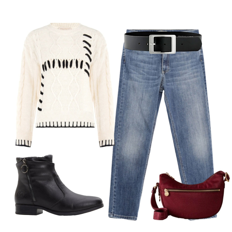 Outfit donna - Total look #2296327. Stile Casual per Tutti i giorni. Abbinamento con cinture, stivaletti, jeans skinny, maglieria, borse a tracolla.