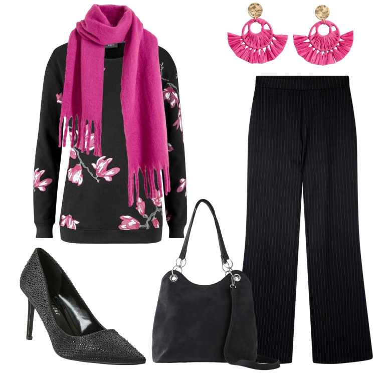 Outfit donna - Total look #2296330. Stile Chic per Serata fuori. Abbinamento con sciarpe, felpe, orecchini, borse a mano, décolleté, pantaloni.