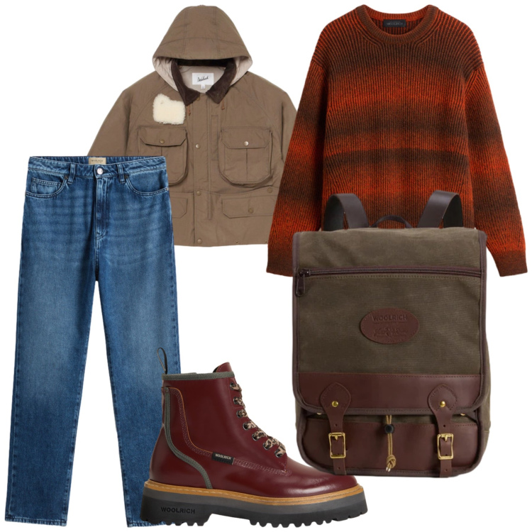Outfit donna - Weekend Woolrich. Stile Trendy per Tutti i giorni. Abbinamento con maglieria, zaini, anfibi, jeans, blazer.