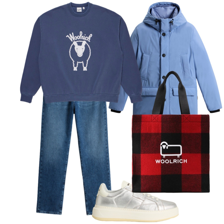 Outfit donna - Blue and a touch of red. Stile Casual chic per Tutti i giorni. Abbinamento con sneakers, parka, borse tote, jeans, felpe.