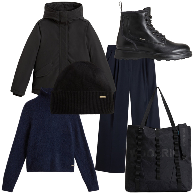 Outfit donna - Woolrich in black. Stile Basic per Ufficio. Abbinamento con maglieria, pantaloni, piumini, anfibi, borse tote, berretti.