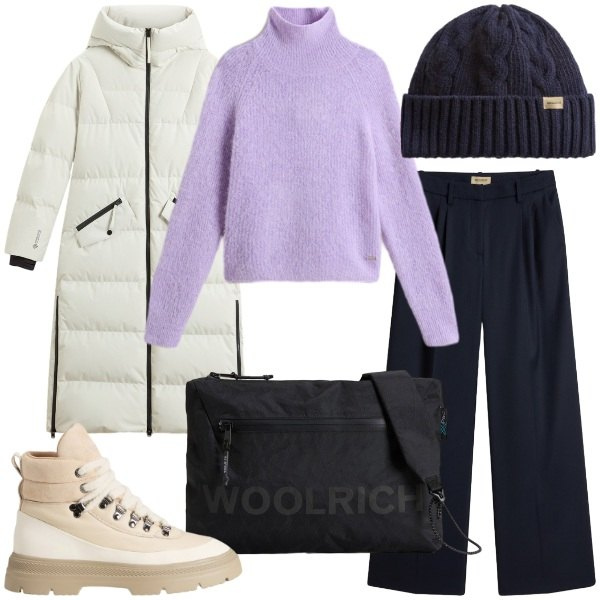 Outfit donna - Woolrich Black Friday. Stile Casual chic per Tutti i giorni. Abbinamento con pantaloni, maglieria, anfibi, borse a tracolla, piumini, berretti.