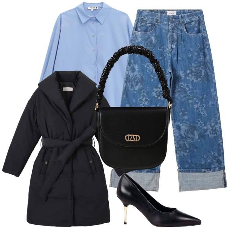 Outfit donna - Quando il jeans è chic. Stile Glamour per Serata fuori. Abbinamento con camicie, décolleté, borse a mano, piumini, jeans dritti.