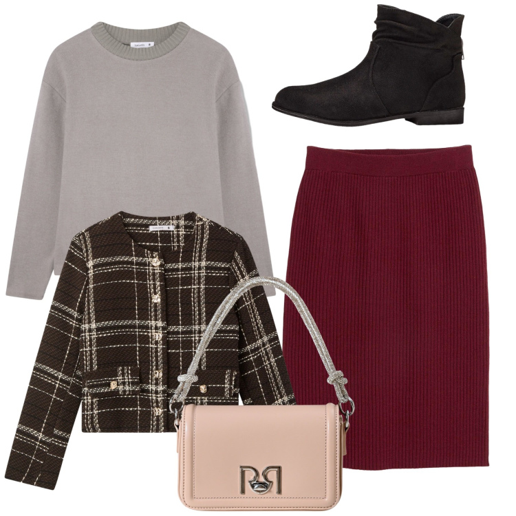 Outfit donna - Total look. Stile Bon Ton per Ufficio. Abbinamento con stivaletti, gonne, borse a mano, blazer, maglieria.