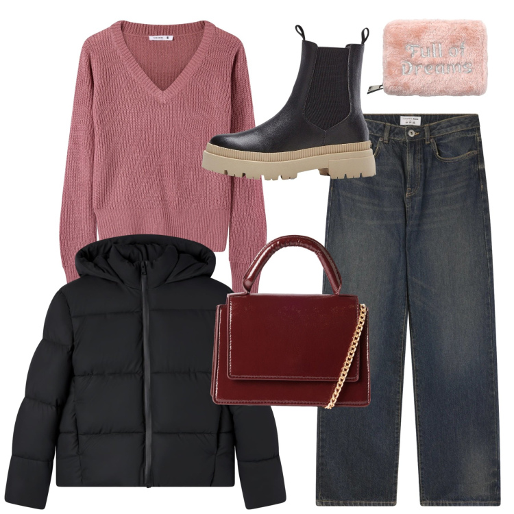 Outfit donna - Total look. Stile Casual per Tutti i giorni. Abbinamento con stivaletti chelsea, jeans dritti, maglieria, bomber, portafogli, borse a tracolla.