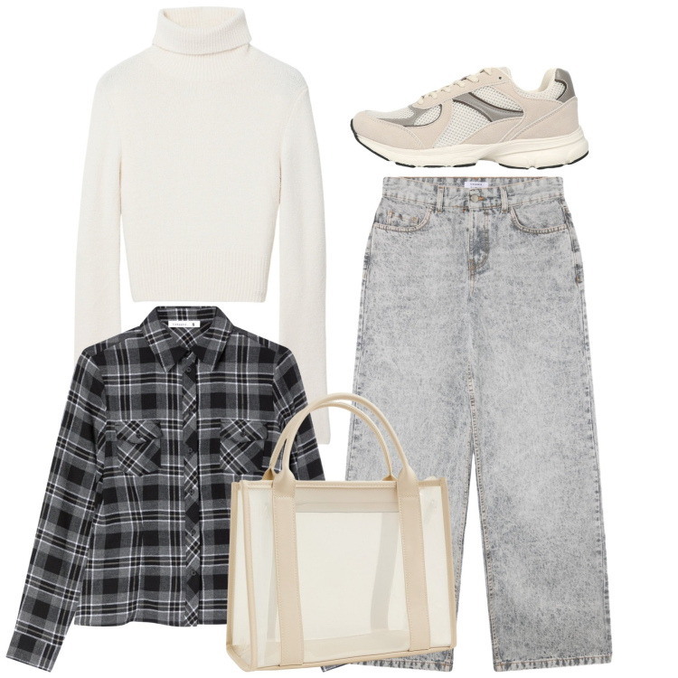 Outfit donna - Weekend. Stile Casual per Tutti i giorni. Abbinamento con jeans boyfriend, maglieria, borse tote, sneakers, camicie.