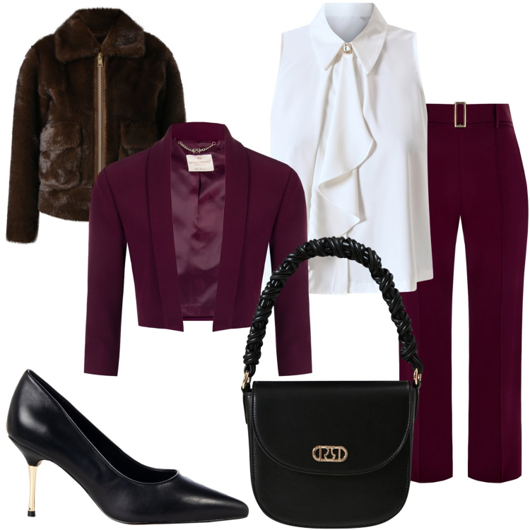 Outfit donna - Serata in casa di amici. Stile Glamour per Serata fuori. Abbinamento con blazer, ecopellicce, décolleté, pantaloni, camicie, borse a mano.