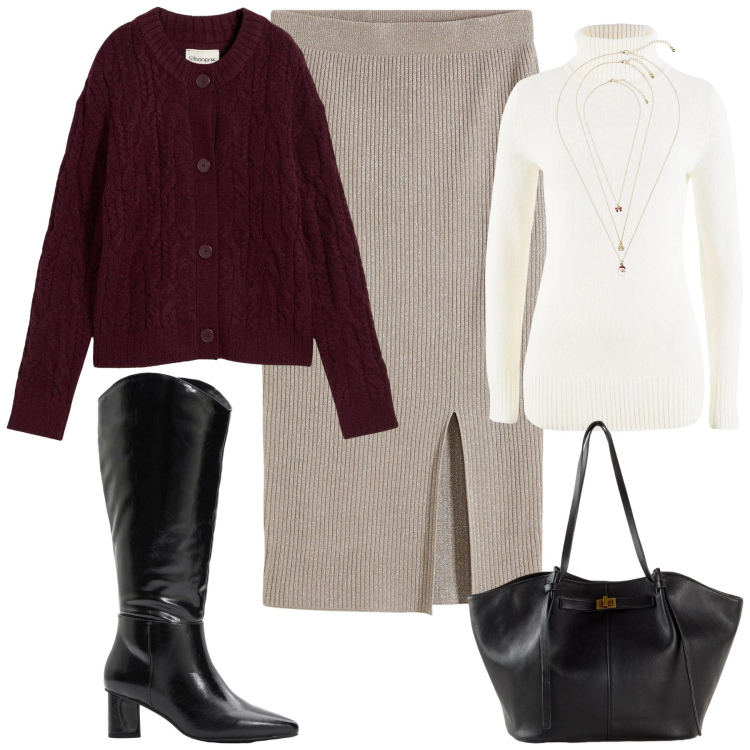 Outfit donna - Bonprix. Stile Casual chic per Tutti i giorni. Abbinamento con shopping bag, maglieria, gonne, stivali, cardigans, collane.