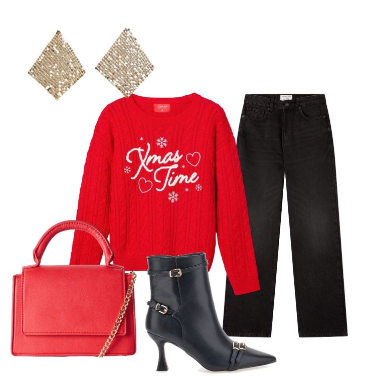 Outfit donna - Terranova-Xmas Edition 2025. Stile Glamour per Serata fuori. Abbinamento con orecchini, borse a tracolla, jeans dritti, maglieria, stivaletti.