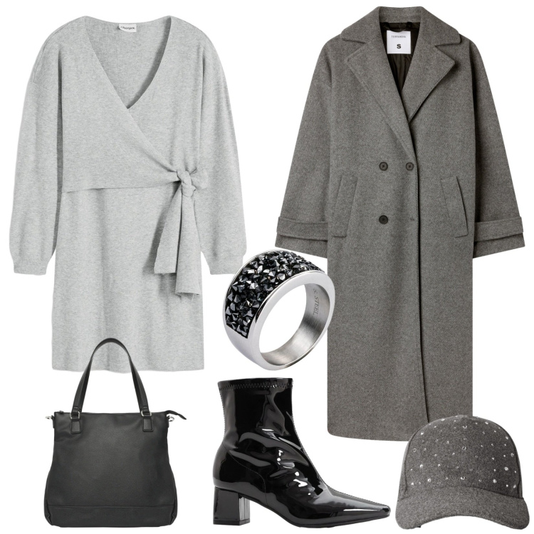 Outfit donna - Total look #2296370. Stile Chic per Serata fuori. Abbinamento con vestiti, stivaletti, anelli, cappotti, shopping bag, cappelli con visiera.