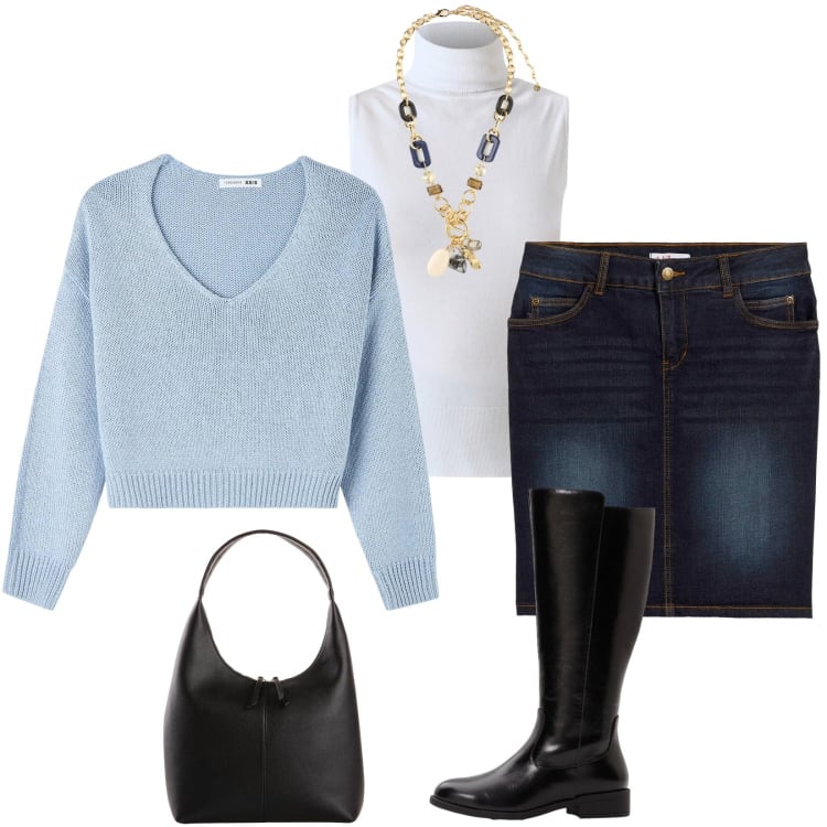 Outfit donna - Total look #2296371. Stile Casual chic per Tutti i giorni. Abbinamento con gonne, shopping bag, stivali, maglieria, maglieria, collane.