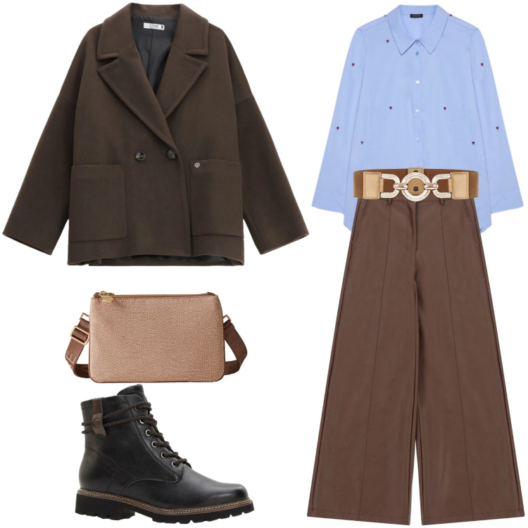 Outfit donna - Total look #2296372. Stile Casual chic per Tutti i giorni. Abbinamento con stivaletti, pantaloni a palazzo, cappotti, cinture, borse a tracolla, camicie.