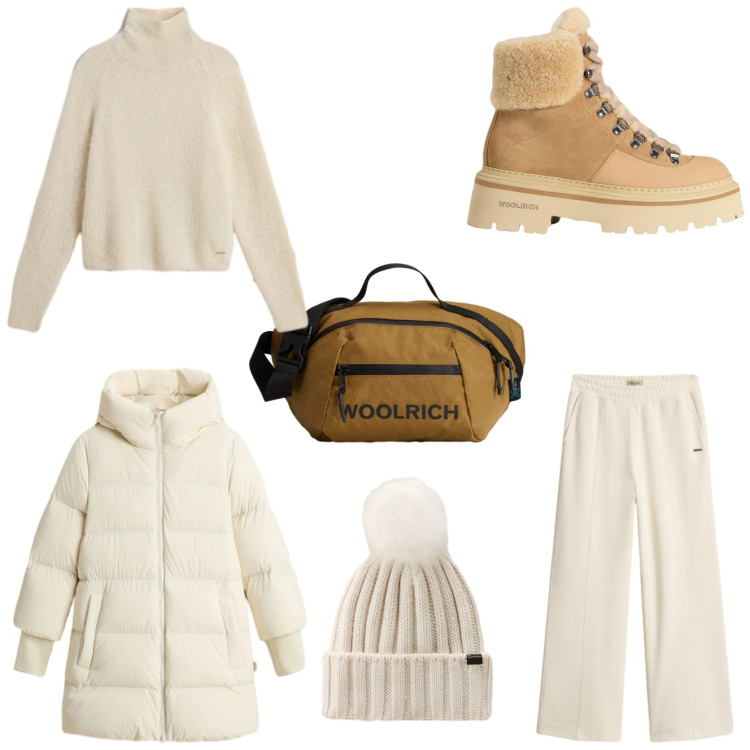 Outfit donna - Natale in montagna. Stile Casual chic per Tutti i giorni. Abbinamento con pantaloni, maglieria, piumini, berretti, borse a tracolla, stivaletti.