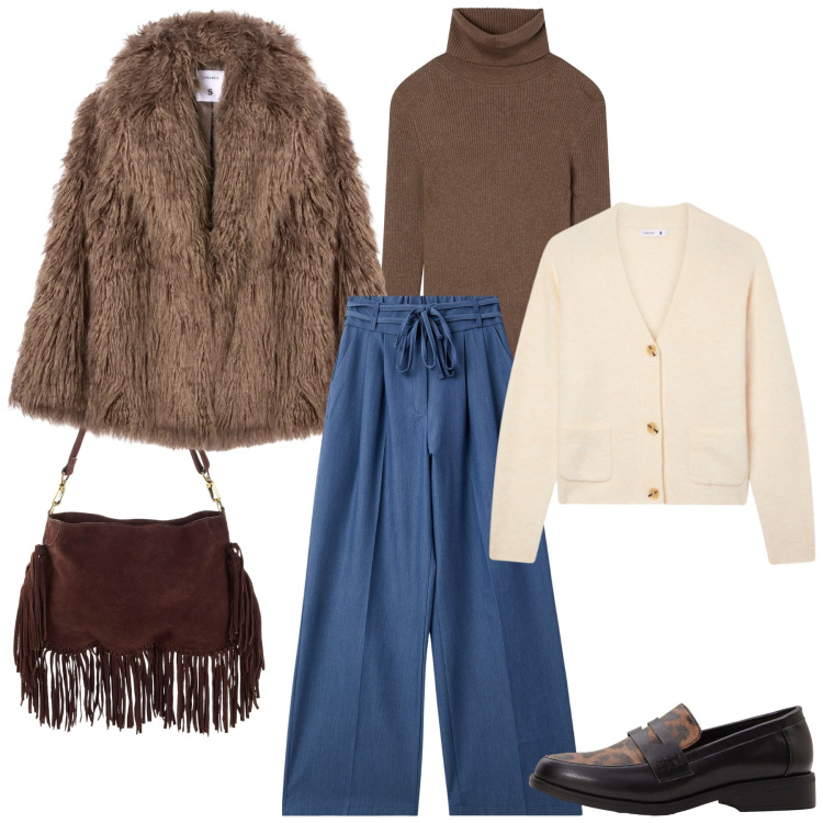 Outfit donna - Mattina in città. Stile Casual chic per Tutti i giorni. Abbinamento con mocassini, borse a tracolla, jeans, cardigans, maglieria, ecopellicce.