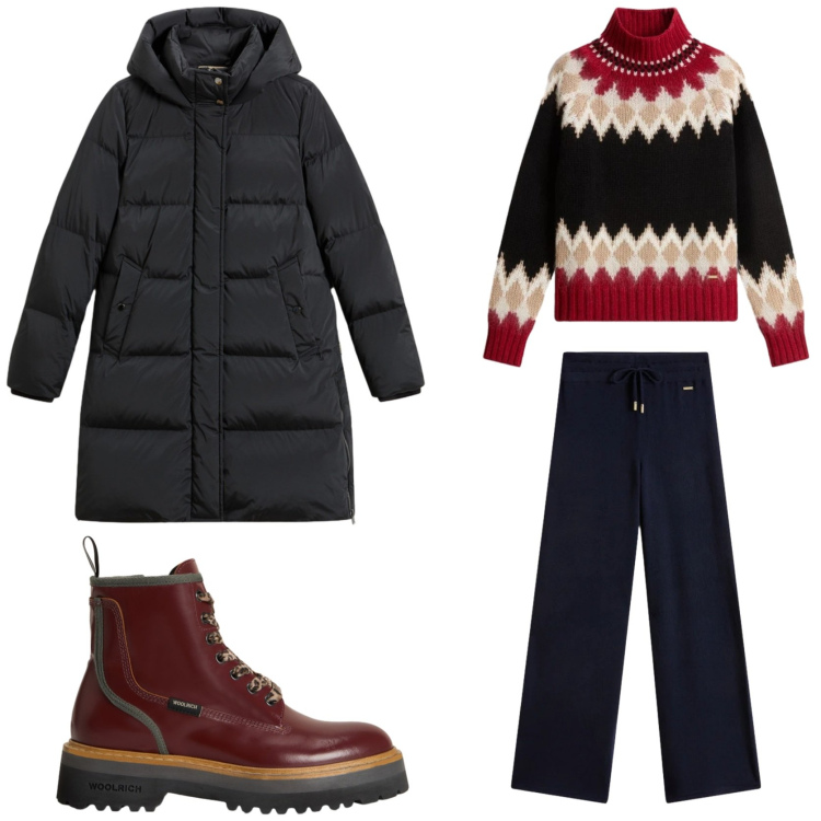 Outfit donna - Natale Cozy chic con un tocco di rosso. Stile Casual chic per Tutti i giorni. Abbinamento con maglieria, anfibi, pantaloni, piumini.