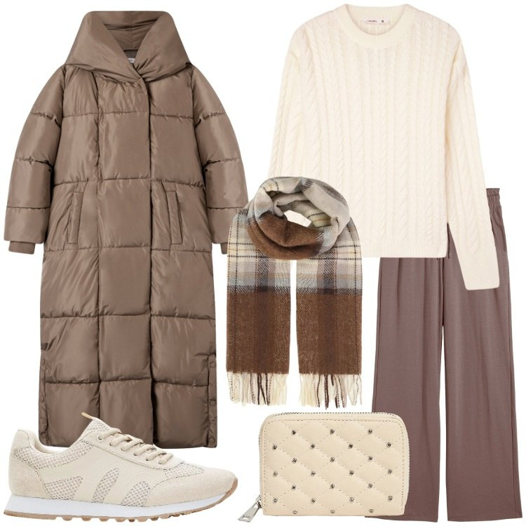 Outfit donna - Giornata in città - Focus Donna Curvy. Stile Casual chic per Tutti i giorni. Abbinamento con pantaloni, sneakers, sciarpe, maglieria, cappotti, portafogli.