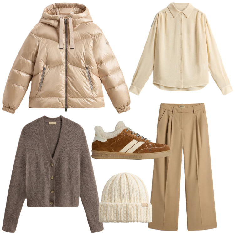 Outfit donna - Il piumino comfy. Stile Casual chic per Tutti i giorni. Abbinamento con sneakers, berretti, pantaloni, cardigans, camicie, piumini.