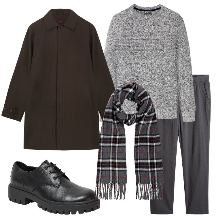 Outfit uomo - Passeggiata sotto la pioggia. Stile Urban per Tutti i giorni. Abbinamento con maglieria, pantaloni chino, scarpe stringate, sciarpe, trench.