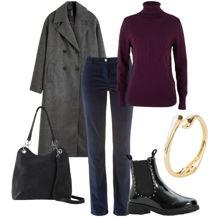 Outfit donna - Serata in famiglia. Stile Basic per Serata fuori. Abbinamento con pantaloni, maglieria, braccialetti, borse a mano, stivaletti chelsea, cappotti.