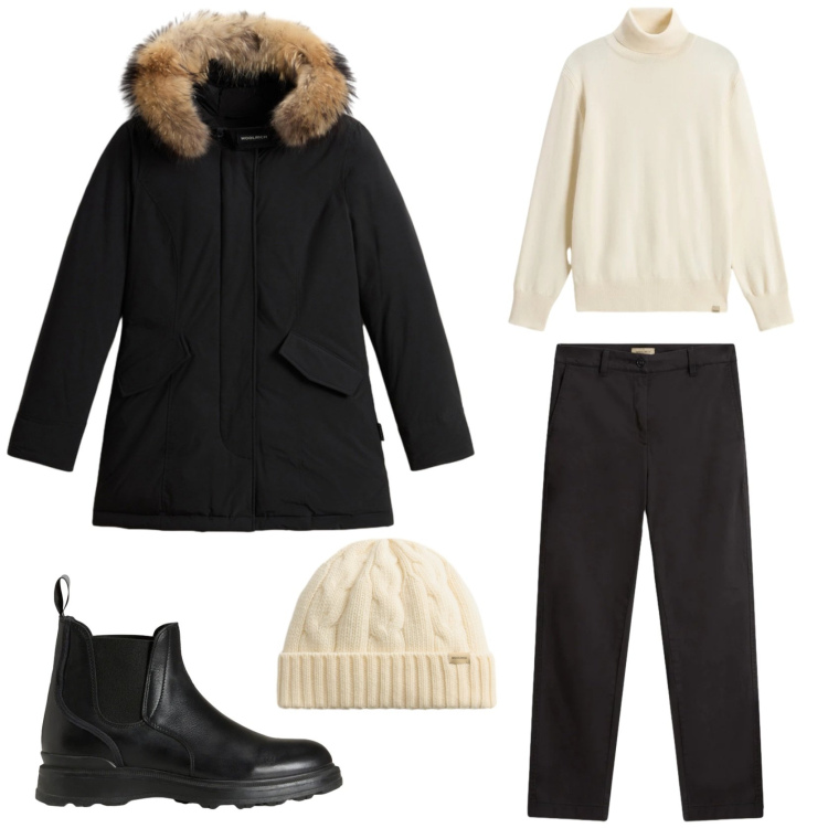 Outfit donna - Un parka con personalità. Stile Casual chic per Tutti i giorni. Abbinamento con parka, pantaloni, stivaletti, berretti, maglieria.
