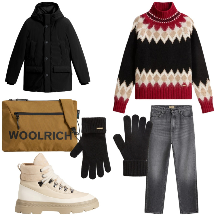 Outfit donna - Holiday Woolrich. Stile Casual per Tutti i giorni. Abbinamento con jeans, borse a tracolla, maglieria, guanti, anfibi, parka.