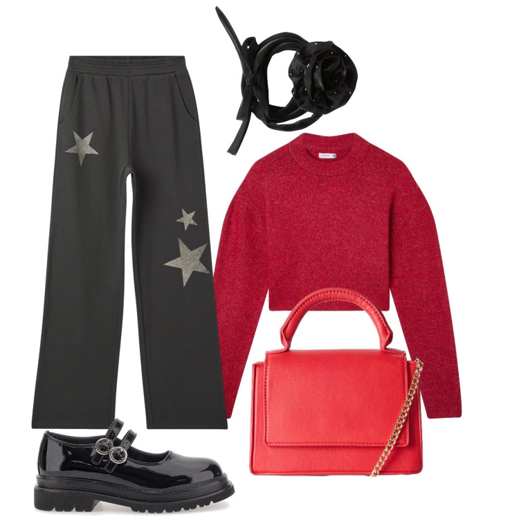 Outfit donna - Rosso colore natalizio per eccellenza. Stile Glamour per Serata fuori. Abbinamento con pantaloni, collane, borse a tracolla, maglieria, mocassini.