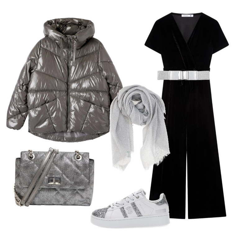 Outfit donna - Uscita serale: cena in famiglia. Stile Glamour per Serata fuori. Abbinamento con tute, bomber, cinture, borse a tracolla, sneakers, foulard.
