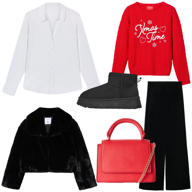 Outfit donna - Cena di Natale in casa di amici. Stile Casual chic per Serata fuori. Abbinamento con pantaloni, maglieria, borse a tracolla, ecopellicce, camicie, stivaletti.