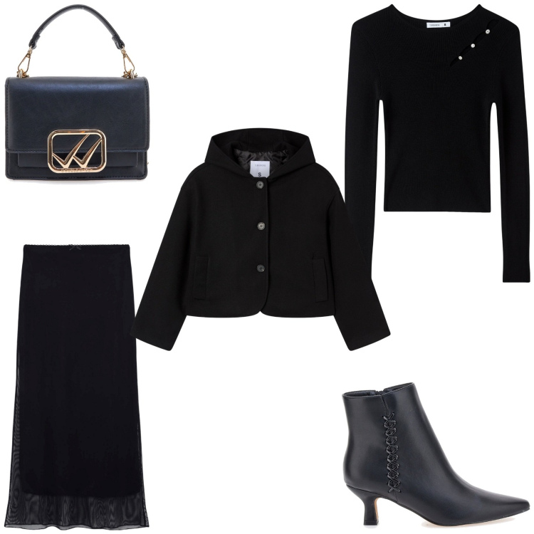 Outfit donna - Party glamour. Stile Glamour per Serata fuori. Abbinamento con gonne lunghe, maglieria, caban, stivaletti, borse a tracolla.