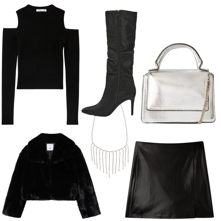 Outfit donna - Party xmas edition. Stile Glamour per Serata fuori. Abbinamento con maglieria, minigonne, borse a tracolla, stivali, collane, ecopellicce.