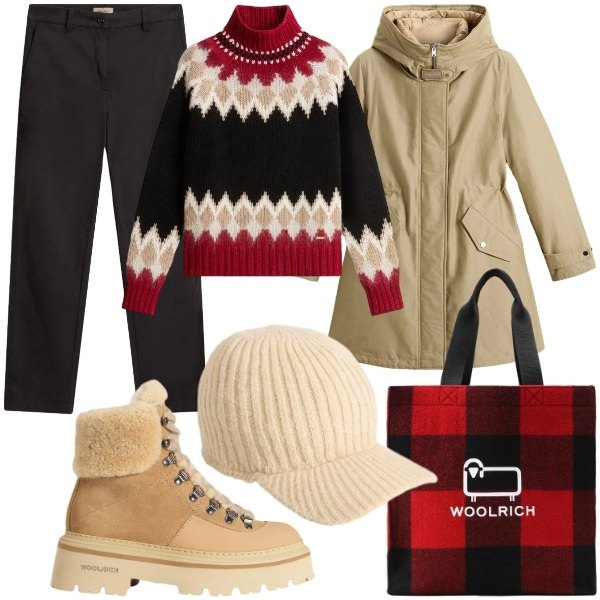 Outfit donna - Woolrich Black Friday. Stile Casual chic per Serata fuori. Abbinamento con maglieria, cappelli, borse tote, parka, pantaloni, stivaletti.