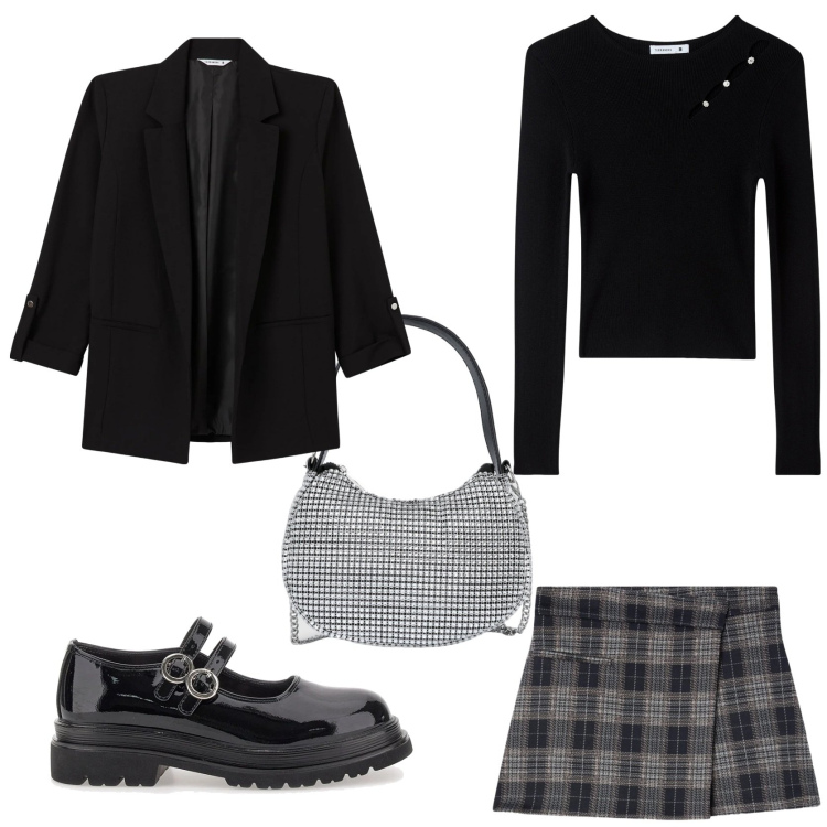 Outfit donna - Natale alla moda. Stile Trendy per Serata fuori. Abbinamento con maglieria, minigonne, blazer, borse a spalla, mocassini.