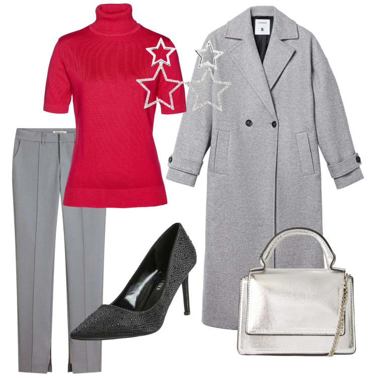 Outfit donna - Stelle di Natale. Stile Casual chic per Serata fuori. Abbinamento con pantaloni, maglieria, décolleté, orecchini, borse a tracolla, cappotti.