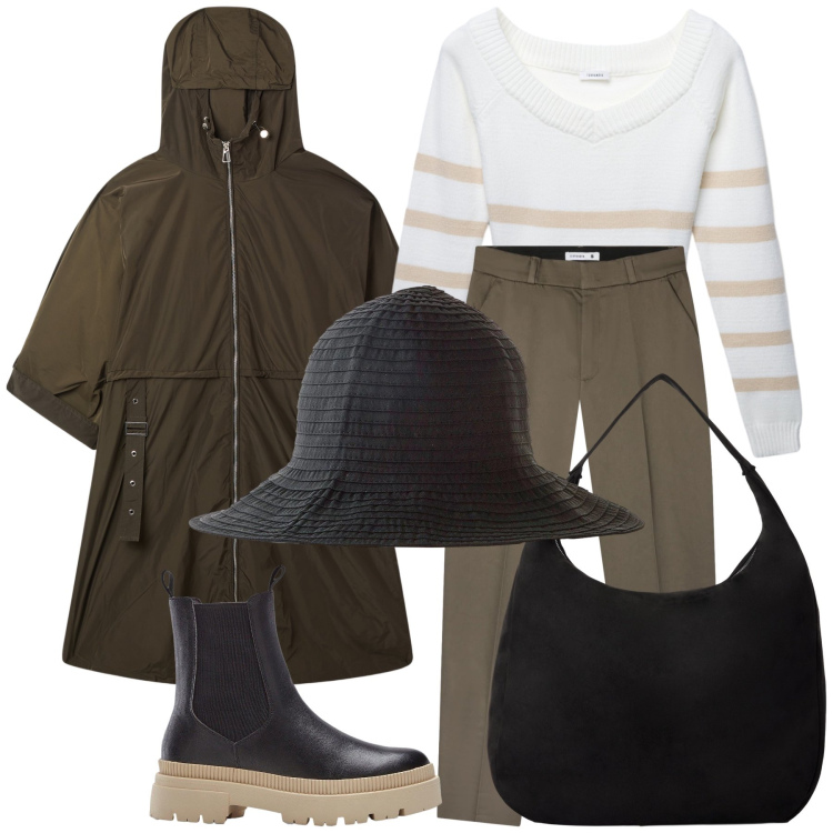 Outfit donna - Sotto la pioggia. Stile Trendy per Tutti i giorni. Abbinamento con cappelli, stivaletti chelsea, trench, maglieria, borse a mano, pantaloni chino.