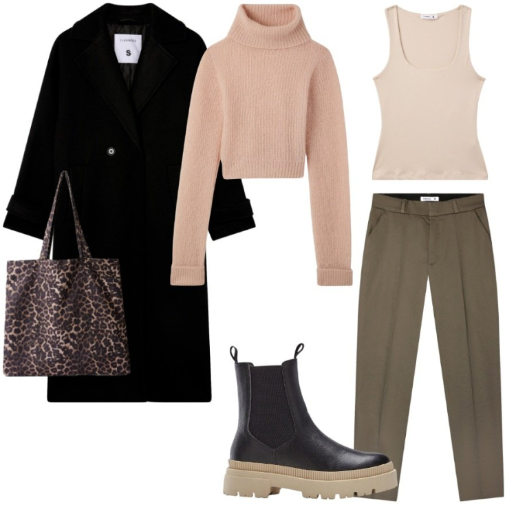 Outfit donna - È arrivato il freddo. Stile Casual per Scuola/Università. Abbinamento con stivaletti chelsea, pantaloni chino, cappotti, maglieria, shopping bag, canottiere.