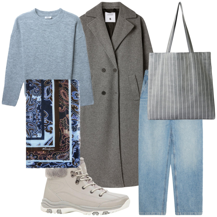 Outfit donna - Lo shopping del sabato pomeriggio. Stile Sporty chic per Tutti i giorni. Abbinamento con stivaletti, maglieria, jeans, cappotti, shopping bag, foulard.