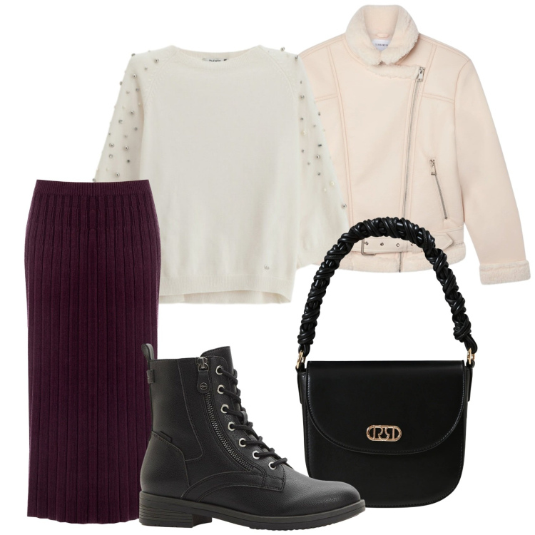 Outfit donna - Viola. Stile Casual chic per Tutti i giorni. Abbinamento con stivaletti, maglieria, gonne longuette, borse a mano, bomber.