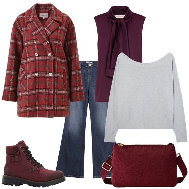 Outfit donna - Total look #2296426. Stile Casual chic per Ufficio. Abbinamento con stivaletti, jeans a zampa, top, cappotti, maglieria, borse a tracolla.