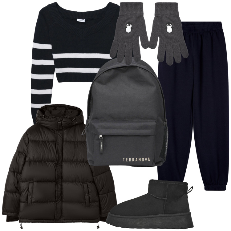 Outfit donna - Caldissima in Terranova. Stile Basic per Tutti i giorni. Abbinamento con pantaloni, maglieria, stivaletti, zaini, bomber, guanti.