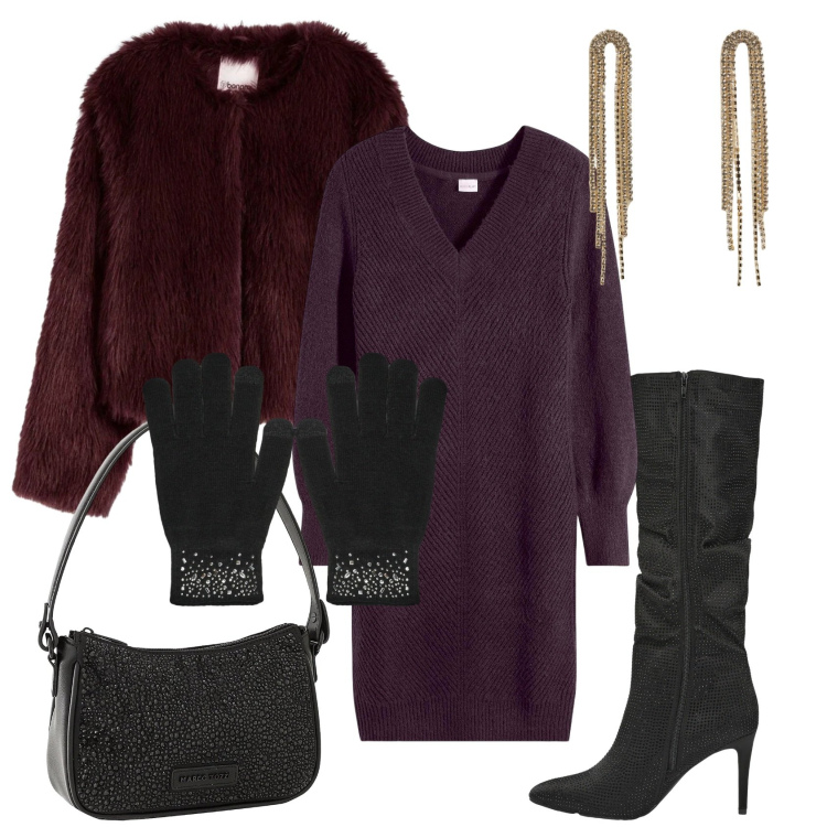 Outfit donna - Viola & bordeaux. Stile Chic per Serata fuori. Abbinamento con vestiti, borse a mano, ecopellicce, stivali, orecchini, guanti.