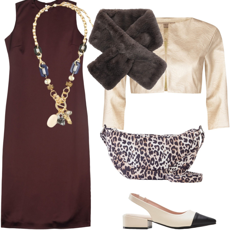 Outfit donna - Trendy per la cresima. Stile Trendy per Cerimonia. Abbinamento con borse a tracolla, décolleté, bolero, sciarpe, vestiti midi/longuette, collane.