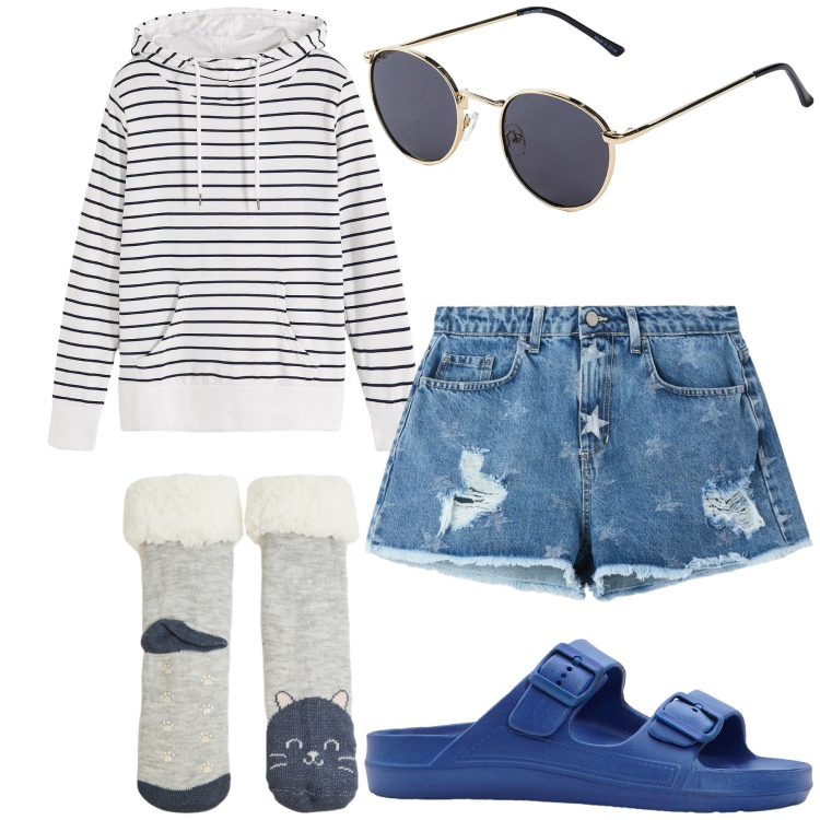 Outfit donna - At home, sweet and warm home. Stile Basic per Tutti i giorni. Abbinamento con felpe con cappuccio, occhiali da sole, ciabatte, shorts, calzini.