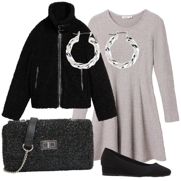 Outfit donna - Serata in pizzeria. Stile Urban per Serata fuori. Abbinamento con orecchini, ecopellicce, décolleté, borse a tracolla, vestiti corti.