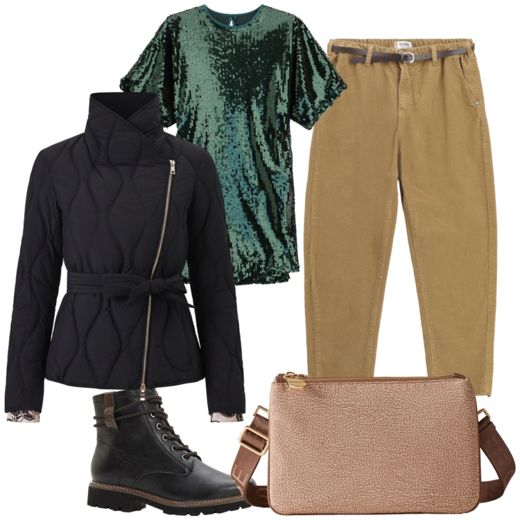 Outfit donna - Merenda al bar. Stile Casual chic per Tutti i giorni. Abbinamento con stivaletti, pantaloni chino, vestiti corti, piumini, borse a tracolla.