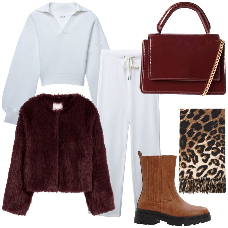 Outfit donna - Sabato pomeriggio liberamente. Stile Sporty chic per Tutti i giorni. Abbinamento con stivaletti chelsea, ecopellicce, maglieria, pantaloni, borse a tracolla, sciarpe.