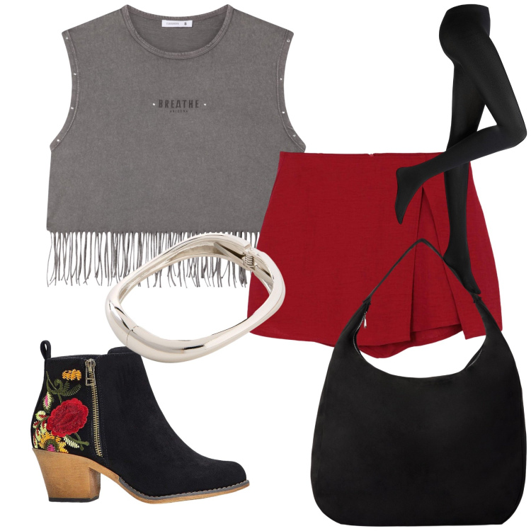 Outfit donna - Stravagante. Stile Trendy per Tutti i giorni. Abbinamento con stivaletti, collant, braccialetti, gonne, top, borse a mano.