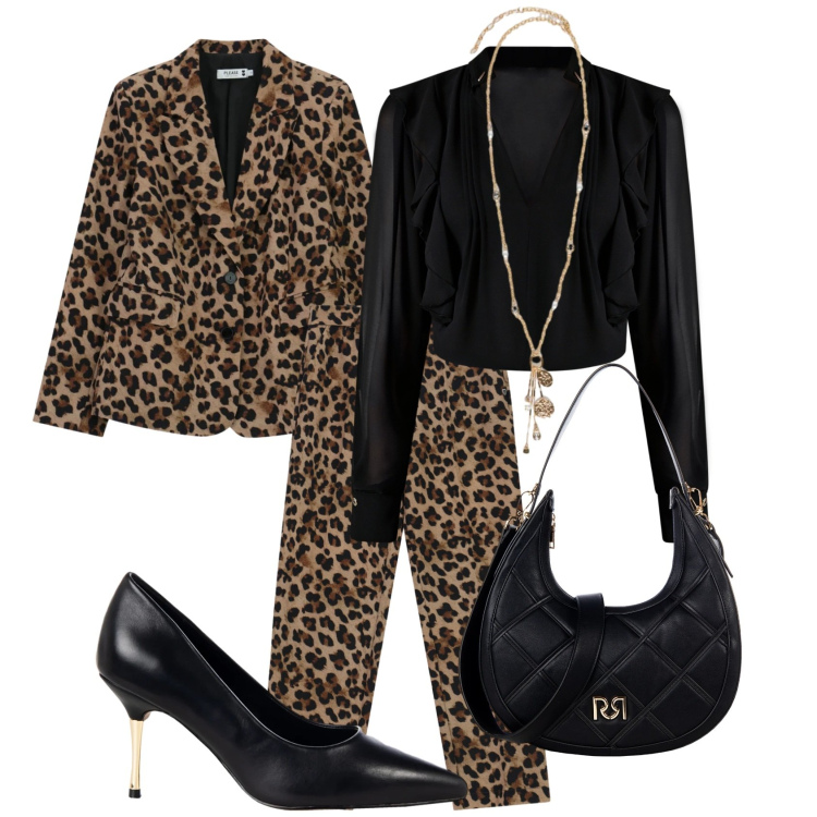 Outfit donna - Animalier. Stile Chic per Serata fuori. Abbinamento con blazer, pantaloni, borse a tracolla, décolleté, bluse, ciondoli.