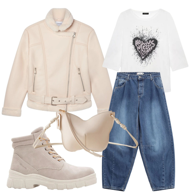 Outfit donna - Total look #2296450. Stile Urban per Tutti i giorni. Abbinamento con stivaletti, jeans, bomber, borse a tracolla, t-shirt.